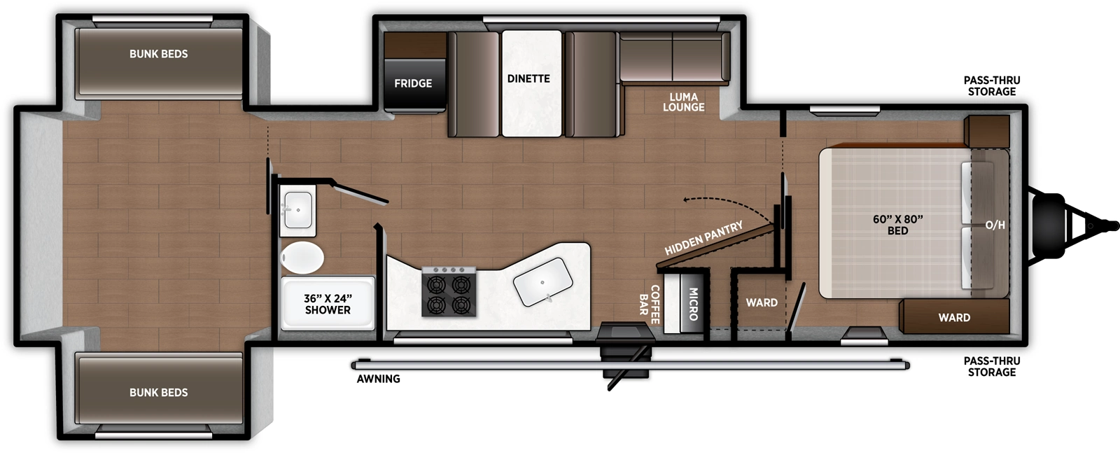The Airelume 315 floorplan has one entry and three slide outs. Exterior features include: metal exterior and 18' awning. Interiors features include: bunk beds and front bedroom.